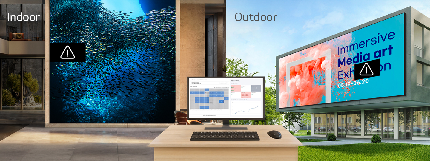 An example image shows how users can set threshold values for devices in the LG ConnectedCare solution’s monitoring settings. If a threshold is exceeded, a designated user will receive an error notification via email.