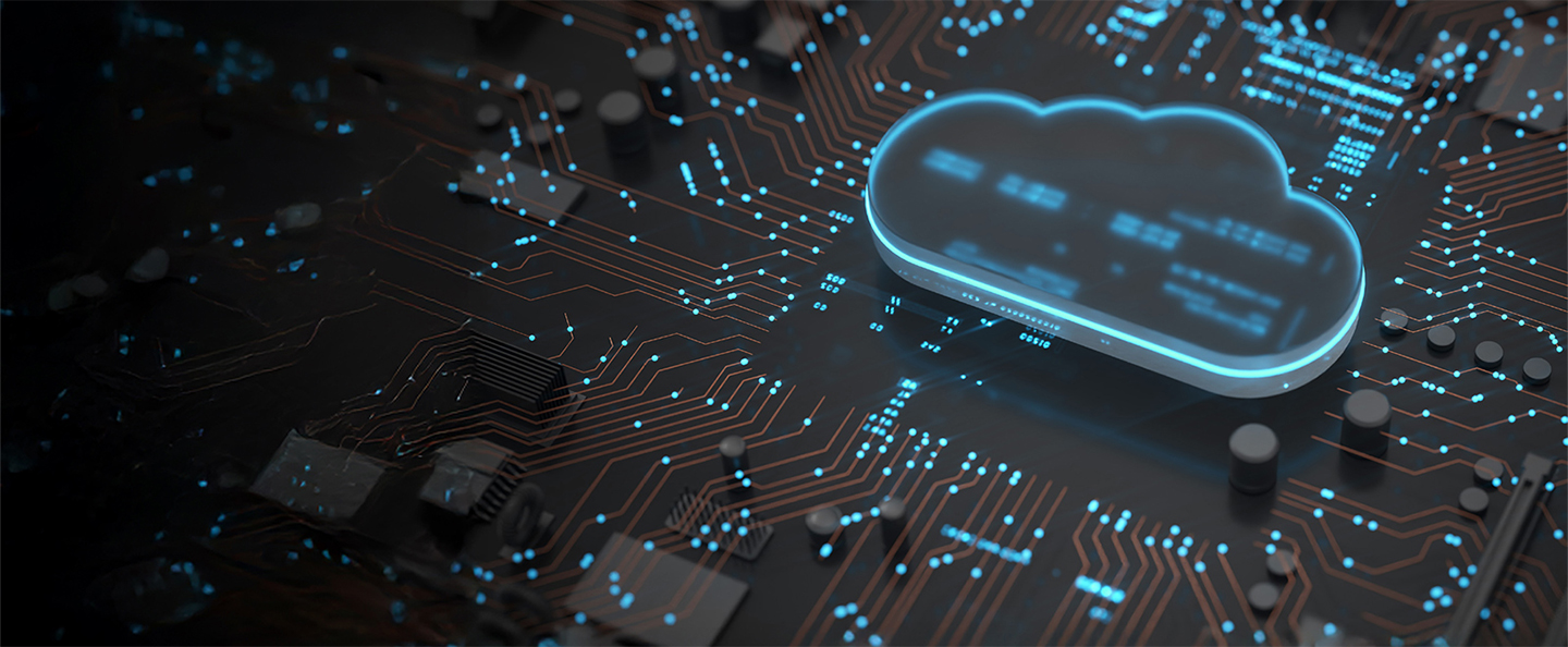 The image illustrates a cloud-based system that enables remote access and scalable connectivity, shown over a circuit board background.
