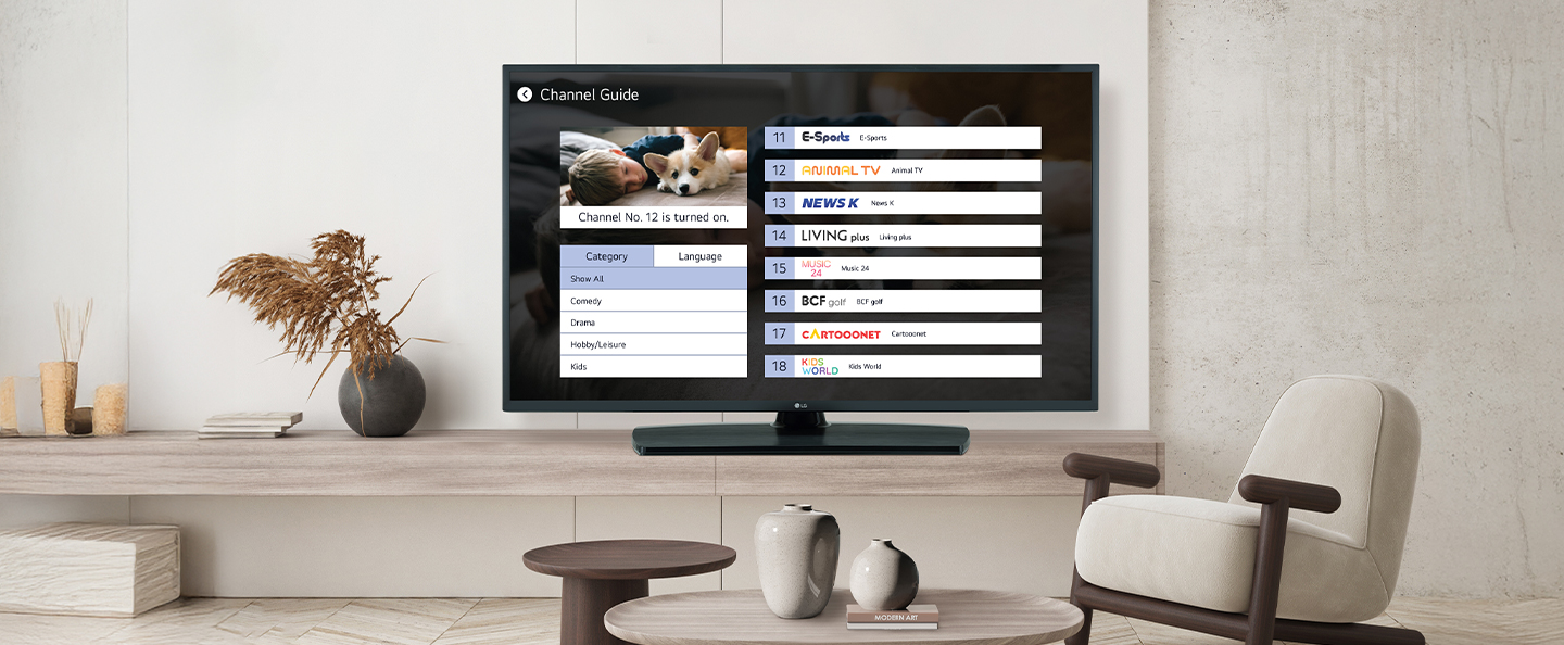 LG Pro:Centric Cloud offers LG Channels for free on hotel TVs, and the image illustrates this example.