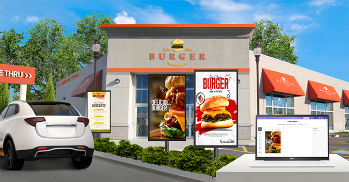 The image shows an example of burger menu content being created and delivered to outdoor signage in a drive-thru zone using LG SuperSign Cloud.
