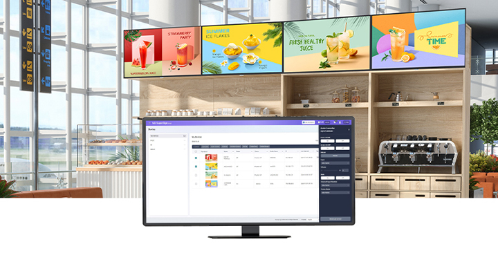 This example shows multiple signages inside a café, each displaying various content delivered through LG SuperSign Cloud.