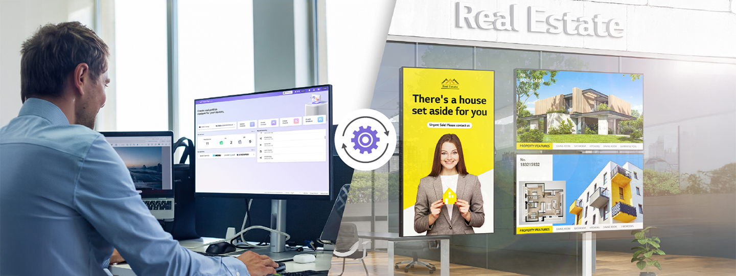 The image shows various window-facing displays installed at a real estate site, each playing different ads and content. On the left, a person is depicted remotely managing the signage using LG SuperSign Cloud.