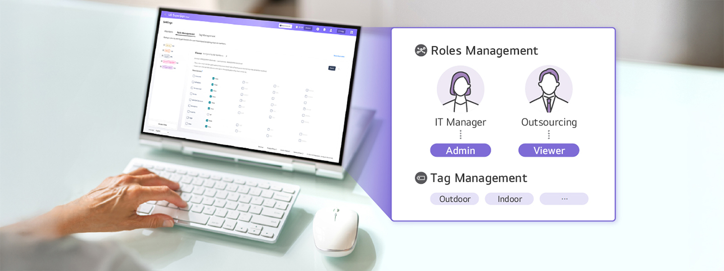 LG SuperSign Cloud provides Role Management and Tag Management features to enhance operational efficiency, and this image illustrates how those features are used.